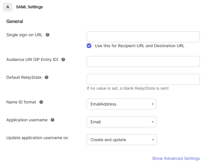 The Configure SAML tab in Okta with the Single sign-on URL and Audience URI fields filled in from Document360