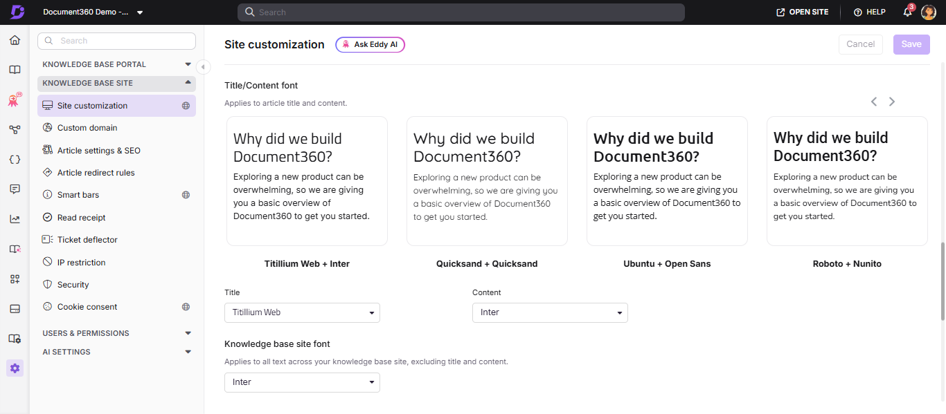 Site customization settings showing the Fonts section with Article font pairing and Site font options