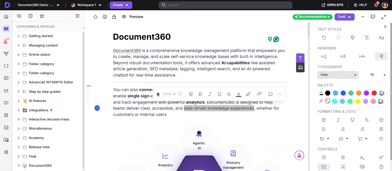 Document360 article editor showing font selection options in the formatting toolbar