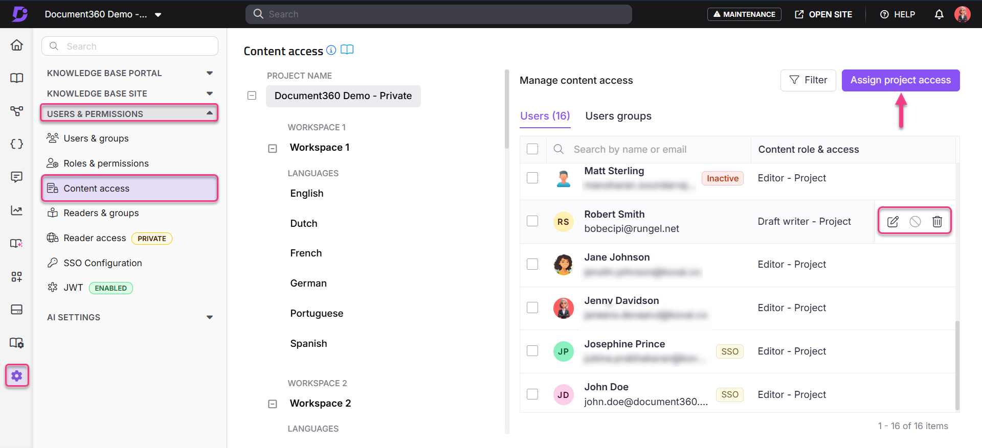 Manage user permissions and content access in Document360 project settings interface.