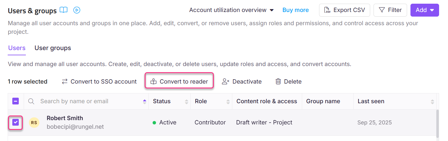User management interface showing options to convert user roles and manage accounts.