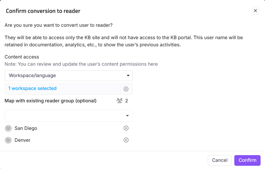 Confirmation prompt for converting a user to reader access in a knowledge base.