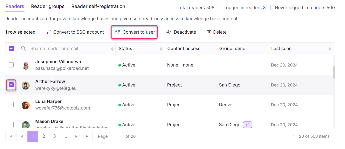 User management interface showing selected reader and conversion options for account type.