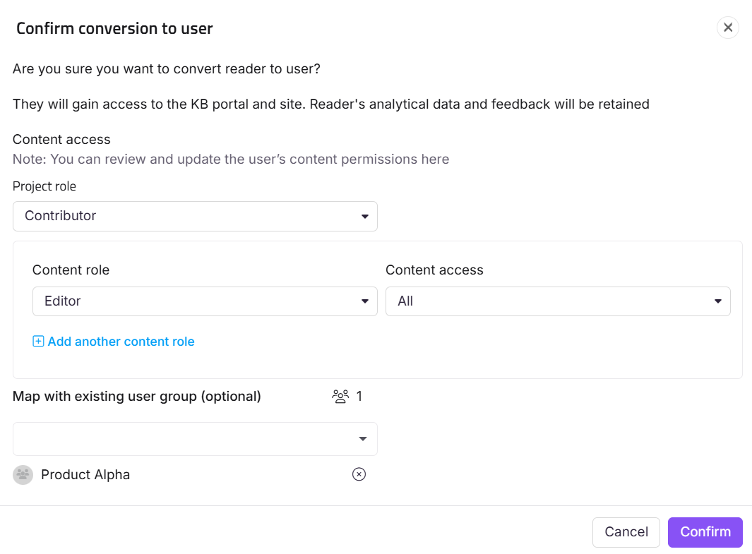Confirmation dialog for converting a reader to a user with role options.
