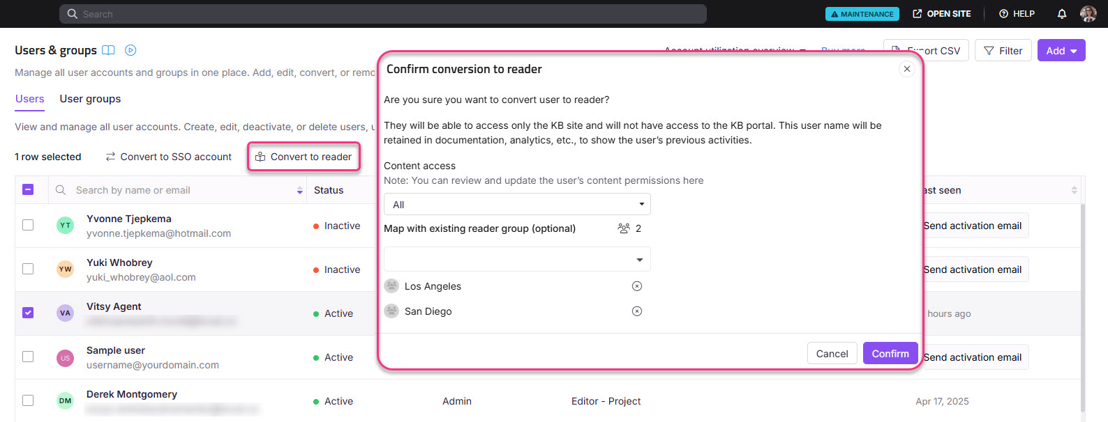 Confirmation dialog for converting a user to reader status in user management interface.