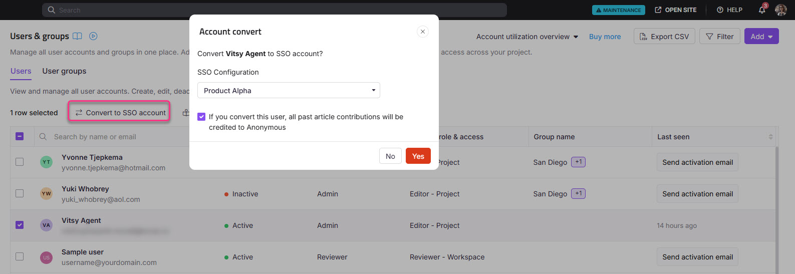 Dialog box for converting user account to SSO with options and confirmation buttons.