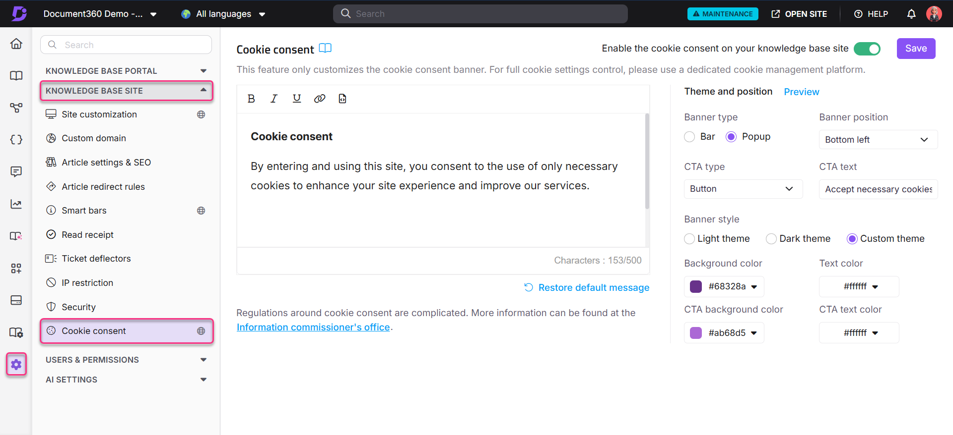 Settings for cookie consent customization in a knowledge base portal interface.