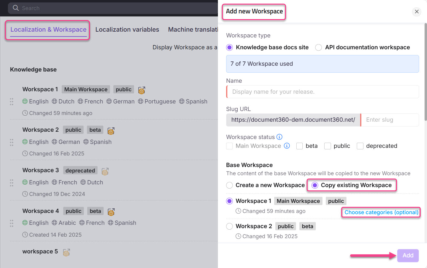 Adding a new workspace with options for workspace type and base workspace selection.