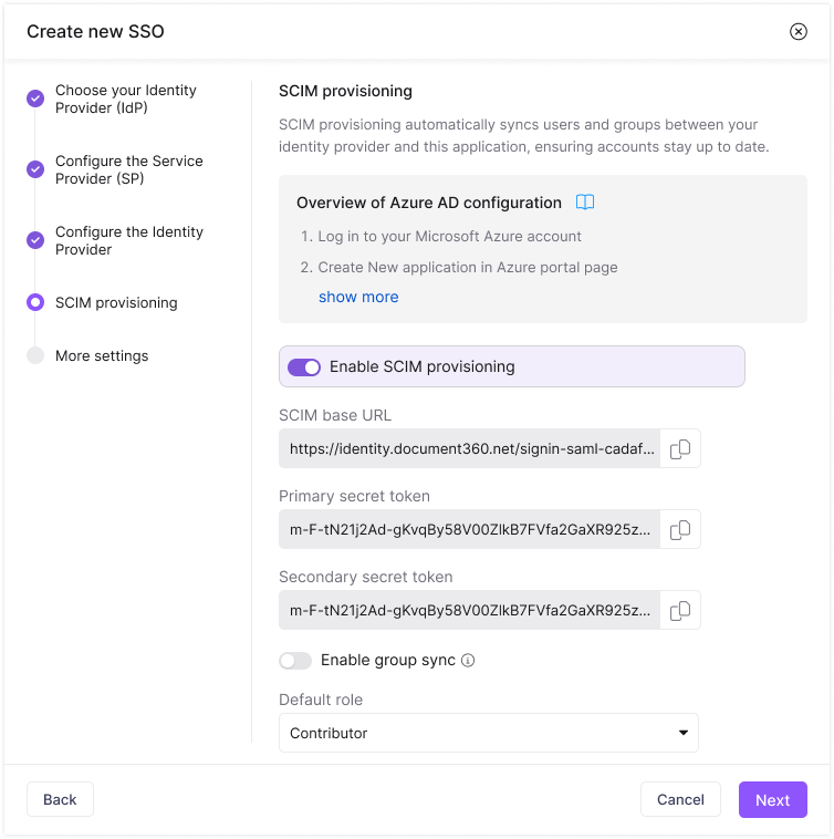 Configuration settings for SCIM provisioning in Azure Active Directory integration.