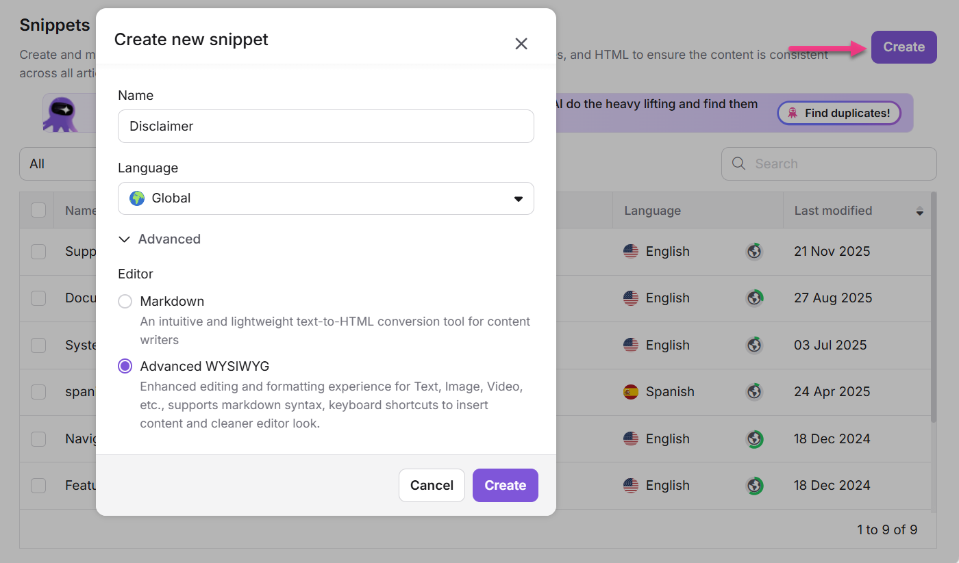 Creating a new snippet with options for name, language, and editor type.
