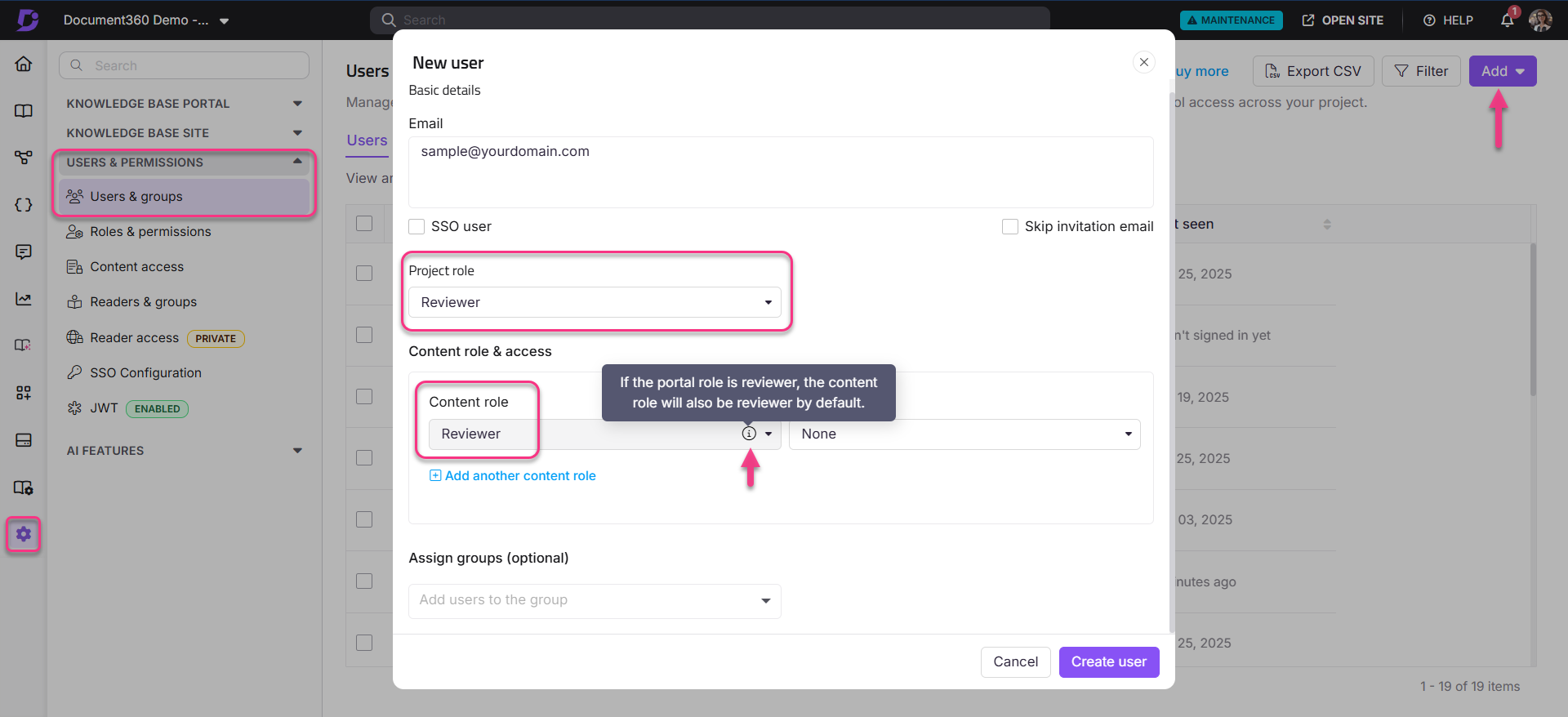 User creation interface showing roles and permissions for a new user setup.