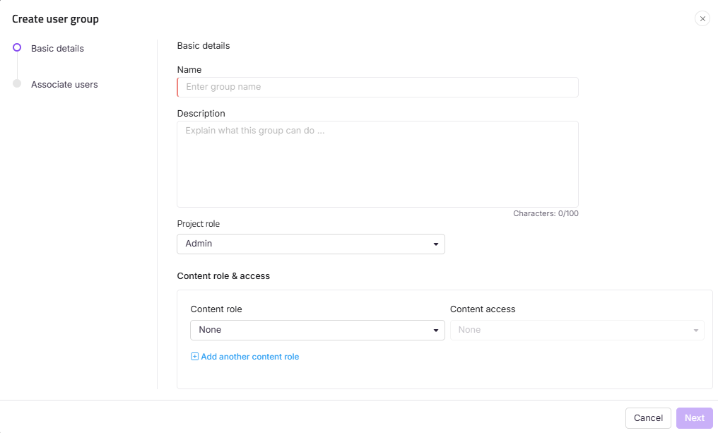 Form for creating a user group with fields for name, description, and roles.