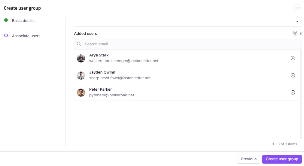 User group creation interface showing added users and their email addresses.