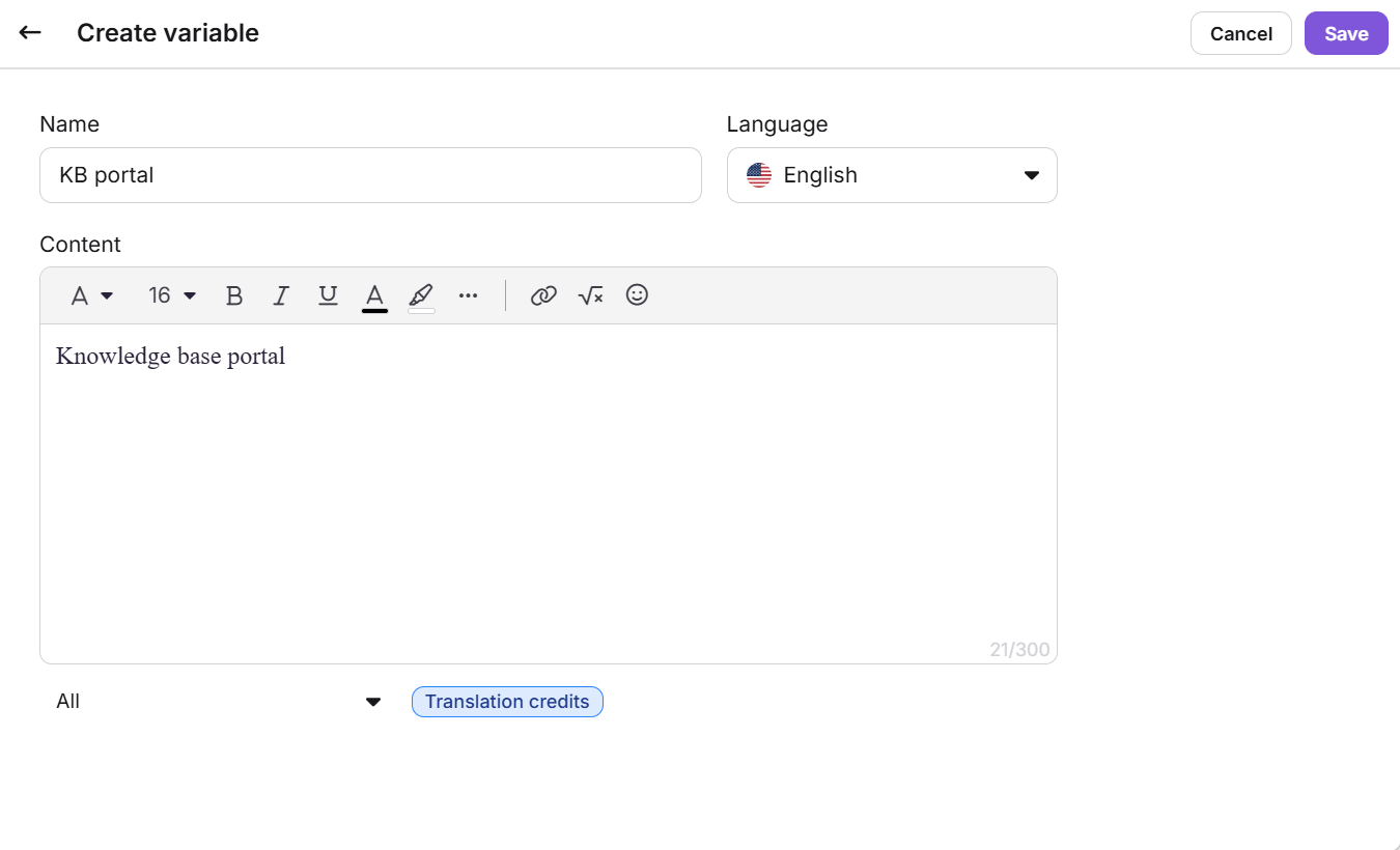 Interface for creating a variable in a knowledge base portal with content input.