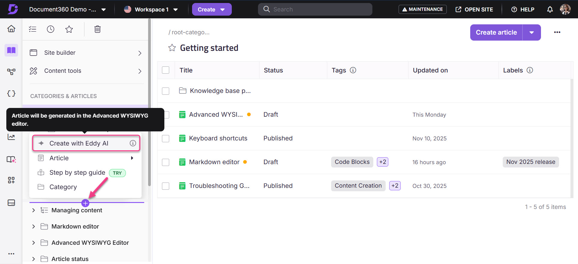Creating an article using Eddy AI in the Advanced WYSIWYG editor in the Document360 interface.