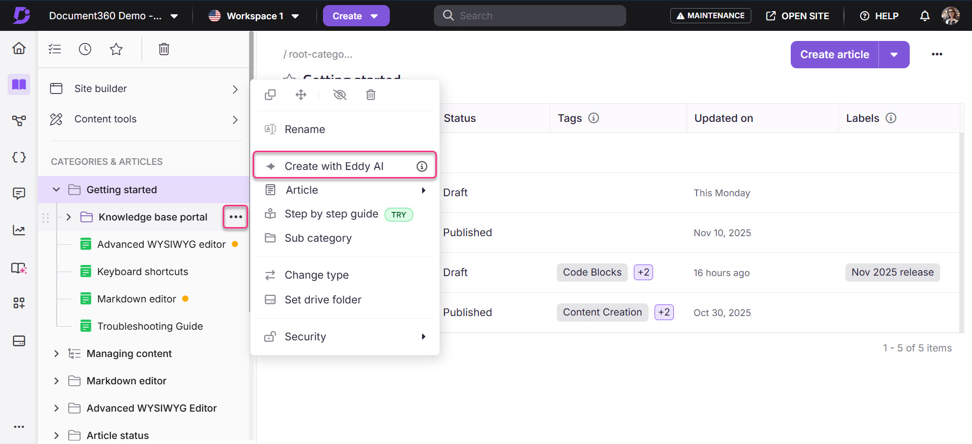 Menu options for creating articles in Document360, highlighting 'Create with Eddy AI'.