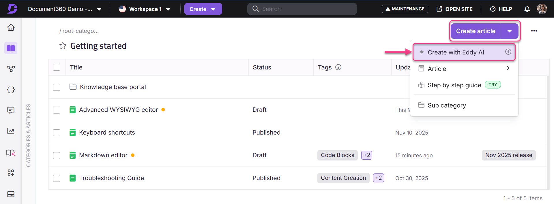 Document360 interface showing options to create articles and manage categories.