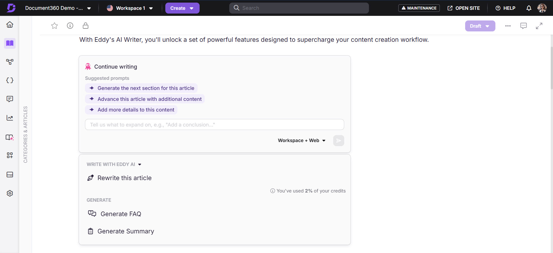 Eddy's AI Writer interface showing suggested prompts for content creation tasks.