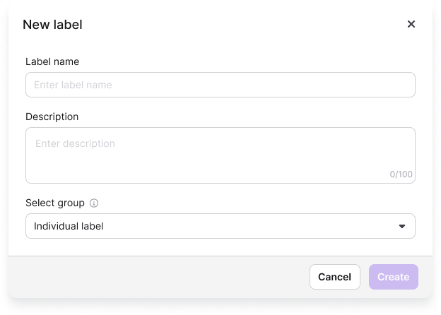 New label modal showing the Name, Description, Label group, and colour picker fields