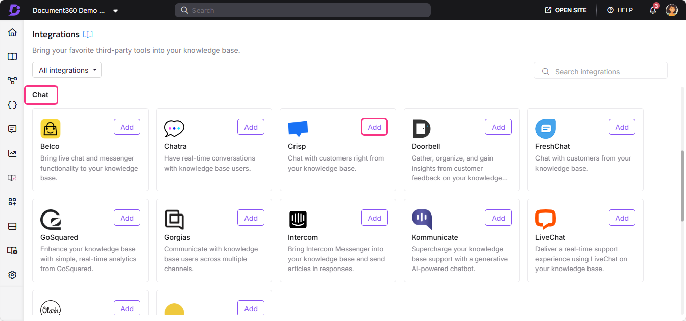 Integration options for chat tools displayed in a knowledge base interface.