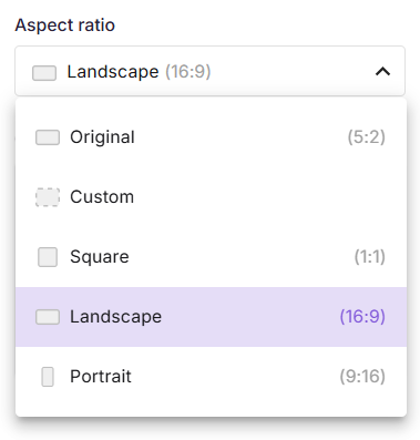 Aspect ratio options for images, highlighting the landscape selection in a dropdown menu.
