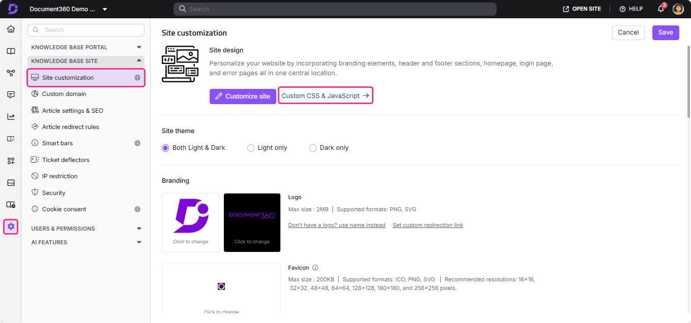 Site customization options for Document360, including branding and theme settings.