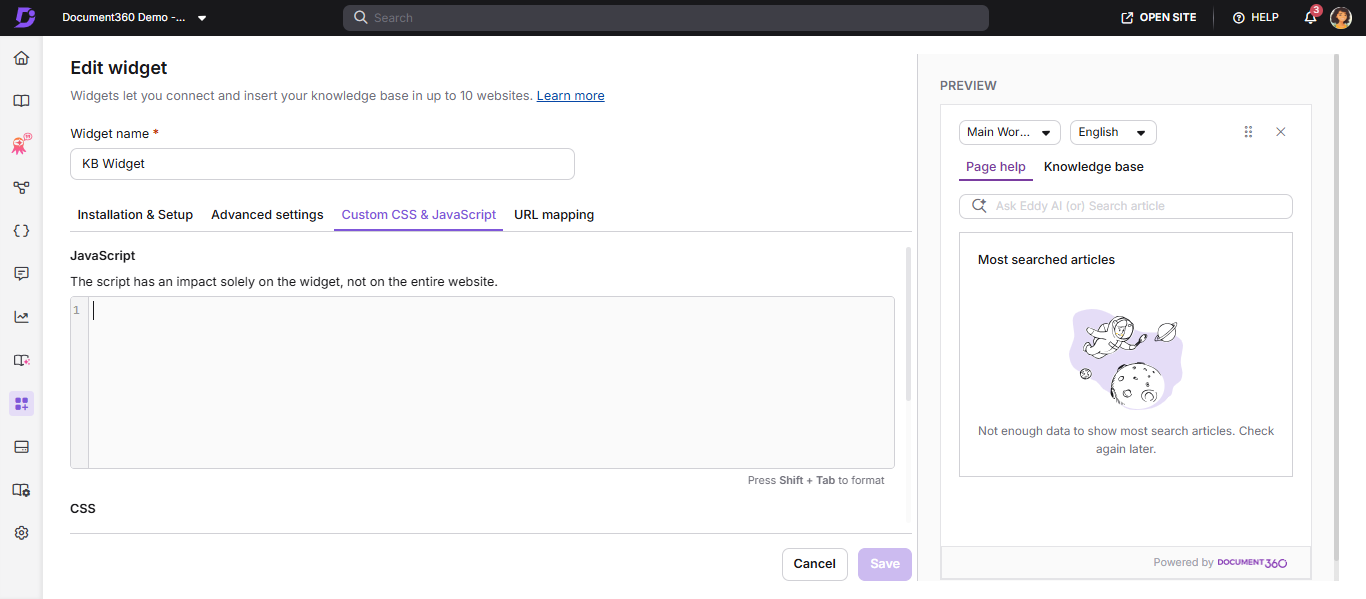 Custom JavaScript tab in the widget configuration showing field label replacement code