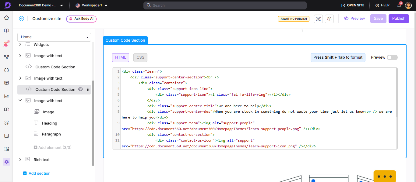 Custom code section editor showing the HTML and CSS tabs with code input areas