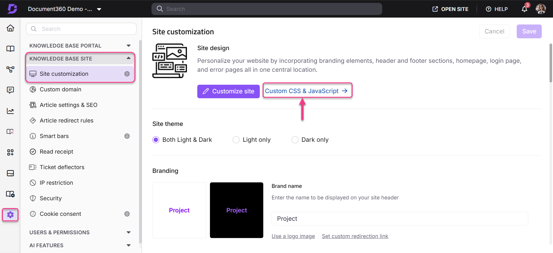 Site customization options including CSS, JavaScript, and theme settings for a knowledge base.