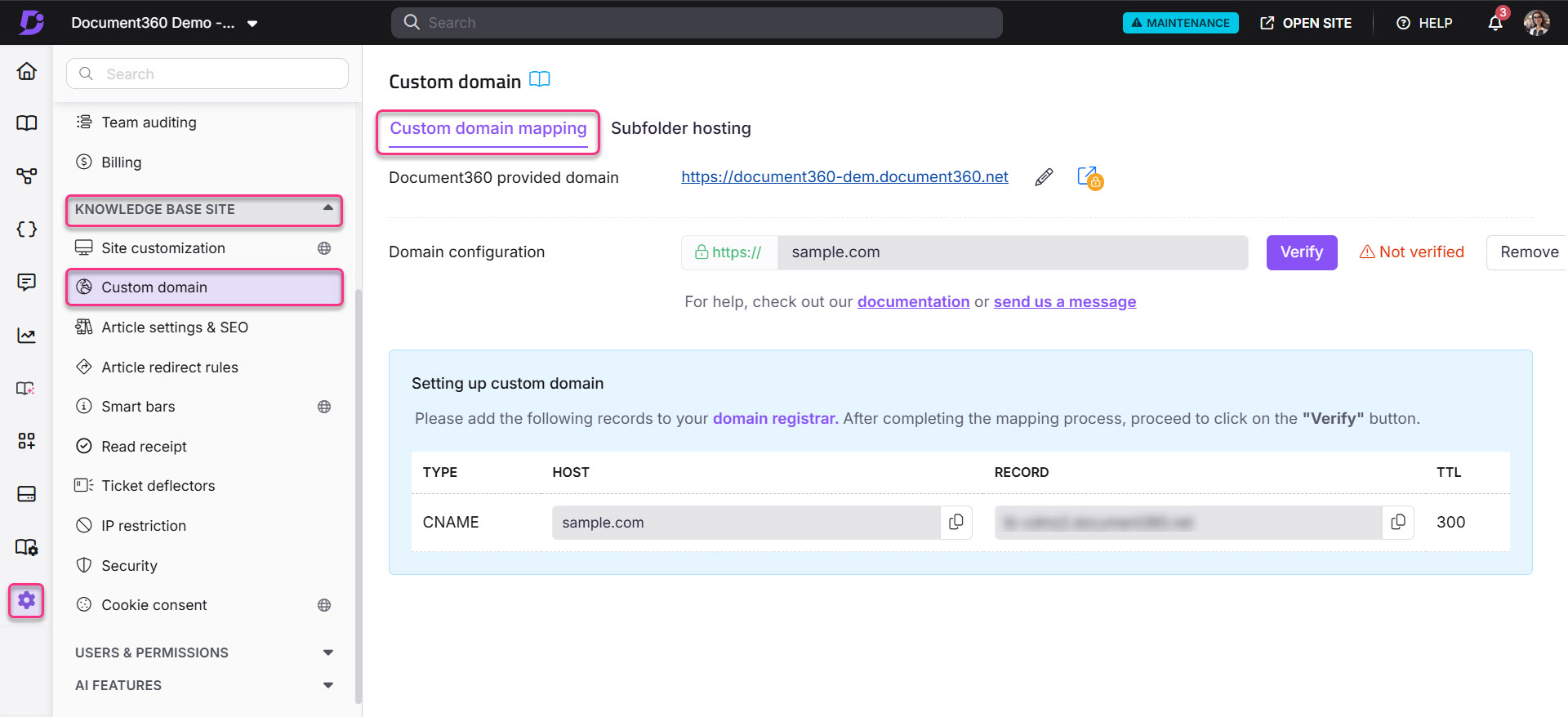 Custom domain mapping setup instructions with highlighted domain configuration details.