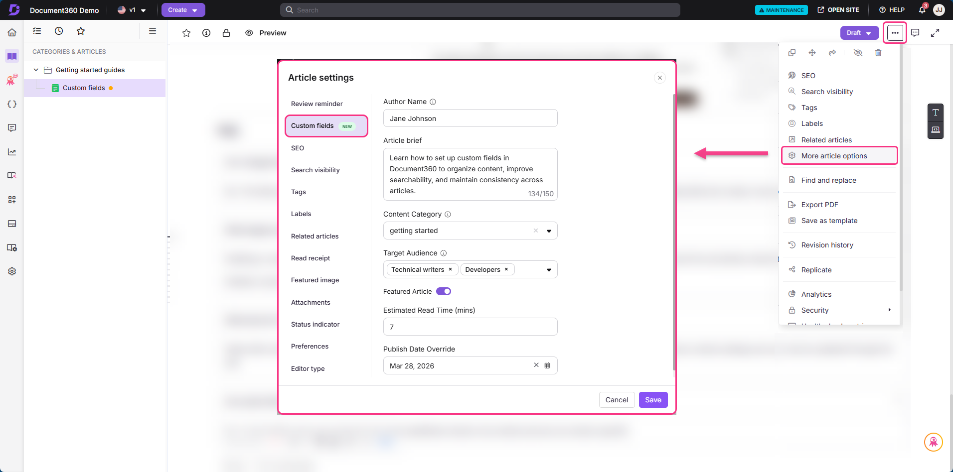 Article settings in Document360, highlighting custom fields and additional options for articles.