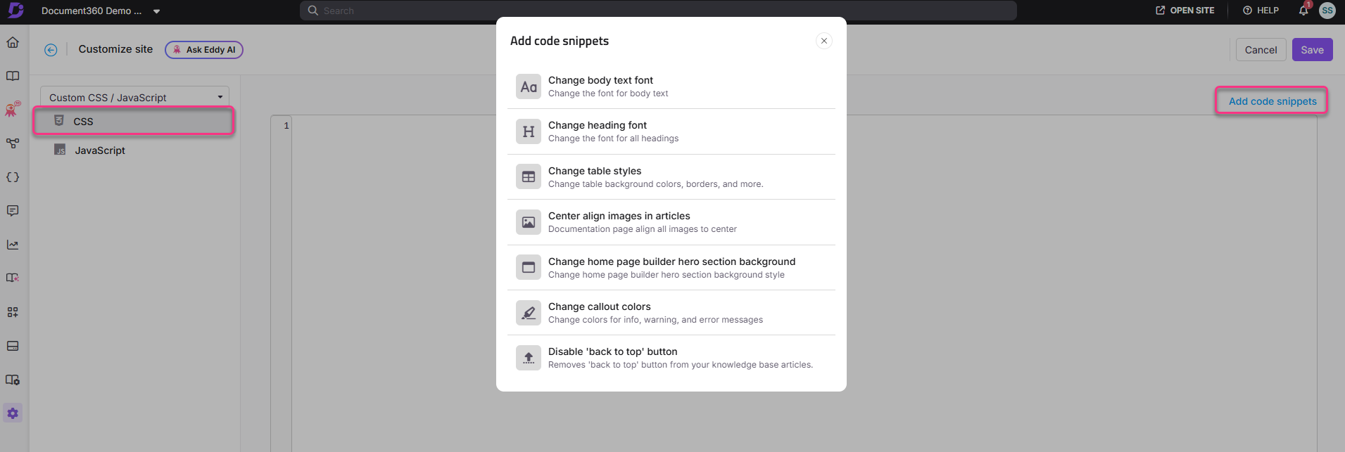 Interface for adding code snippets in CSS and JavaScript for site customization.