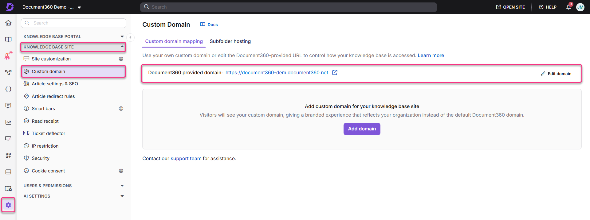 Document360 interface showing custom domain settings and provided domain link.
