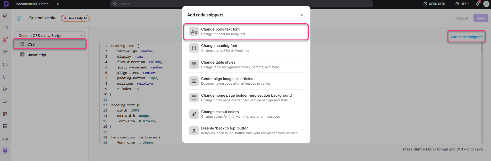 Interface showing options to customize CSS and JavaScript for a website.