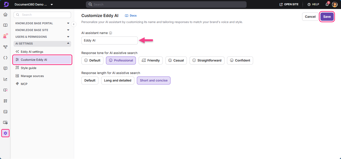 Settings page for customizing AI assistant name and response tone options.