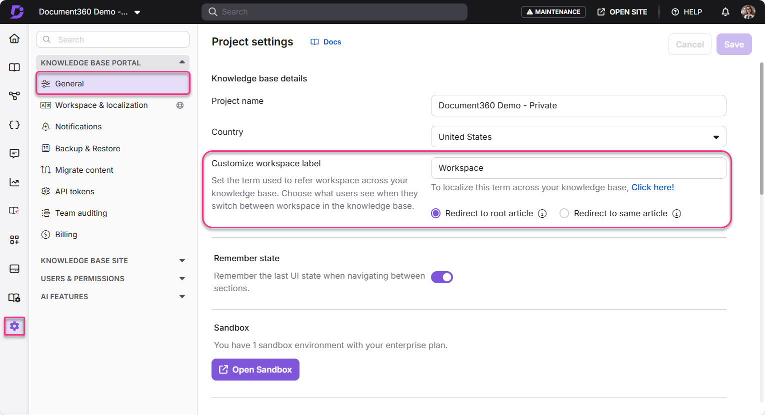 Settings page showing workspace customization options and navigation menu for knowledge base.