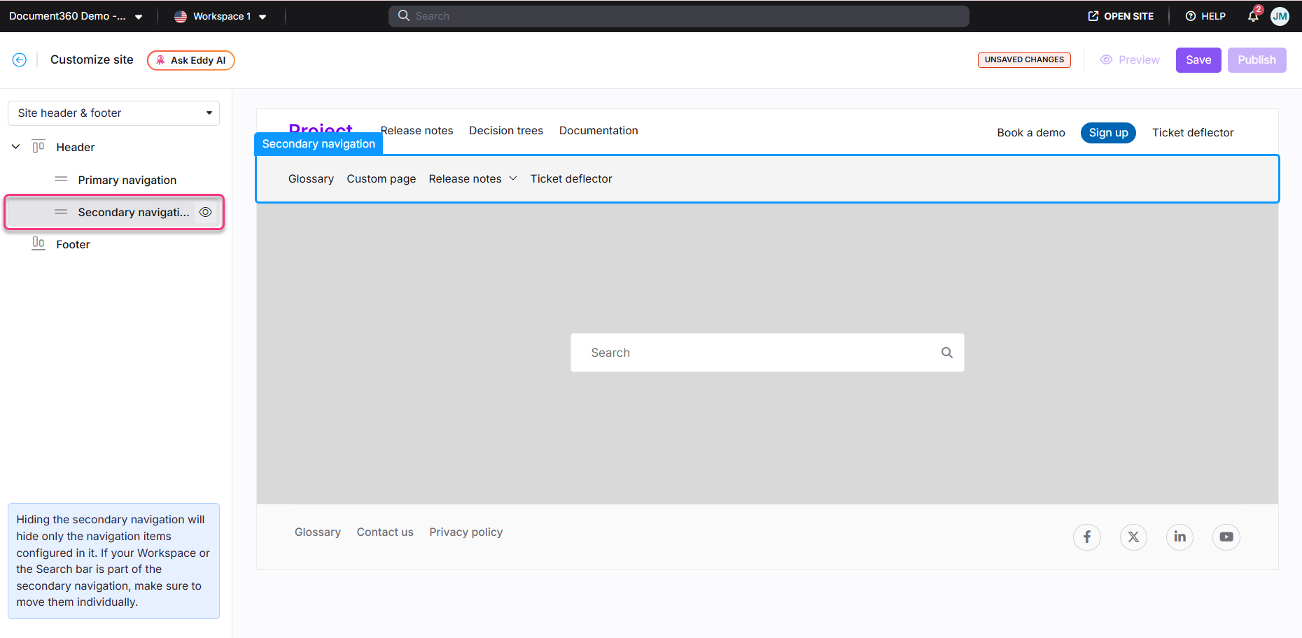 The interface shows secondary navigation options and a search bar for customization.