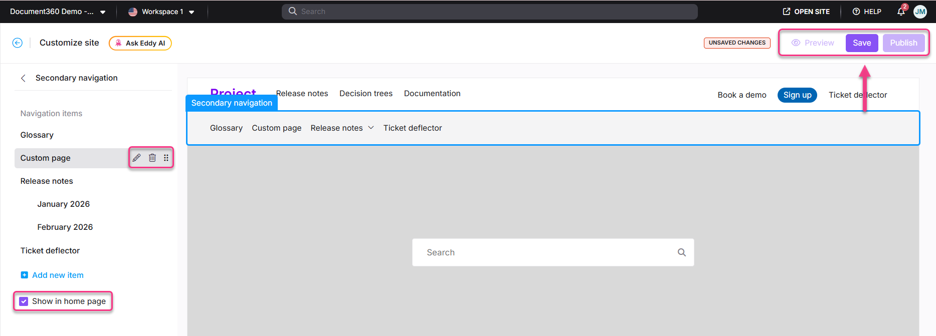 Secondary navigation menu with options for custom page and release notes highlighted.