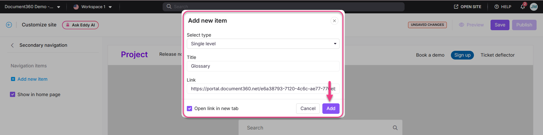 Dialog box for adding a new item with fields for title and link.