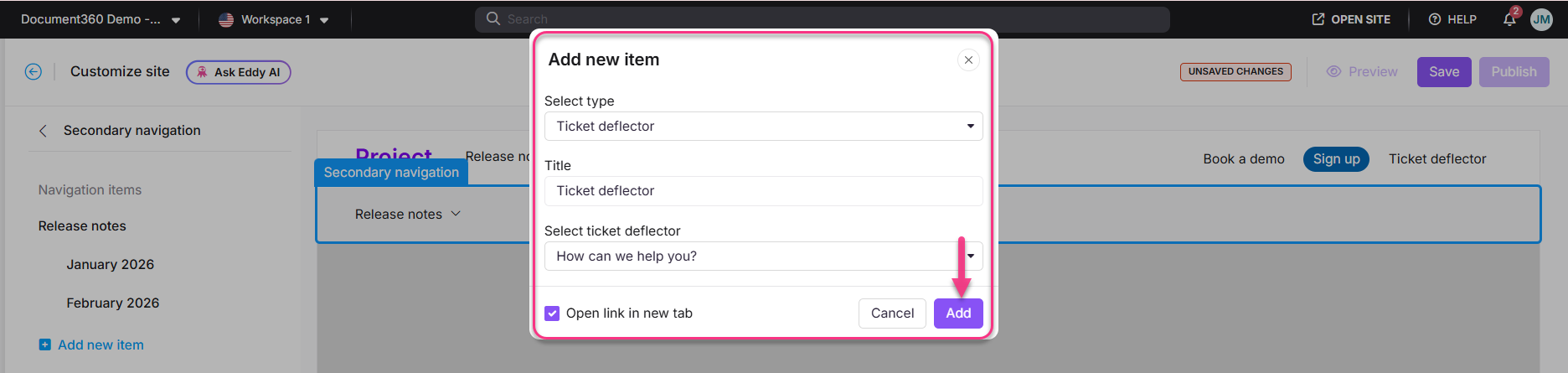 Interface for adding a new item in secondary navigation with ticket deflector options.