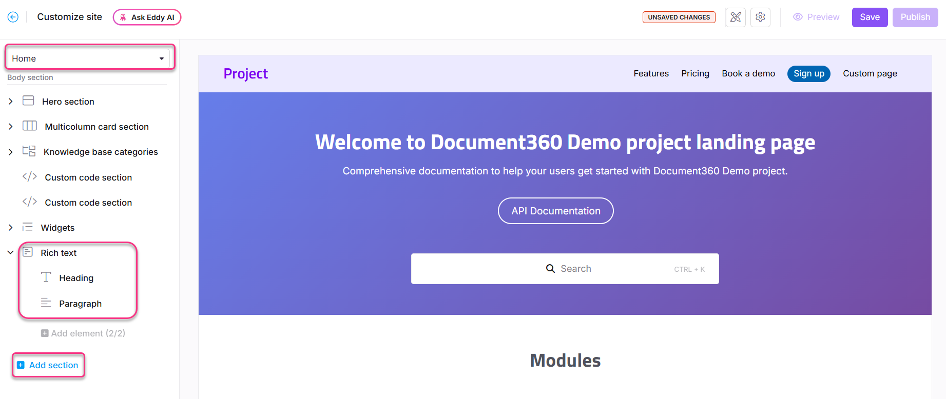 Document360 project landing page with sections for customization and API documentation.