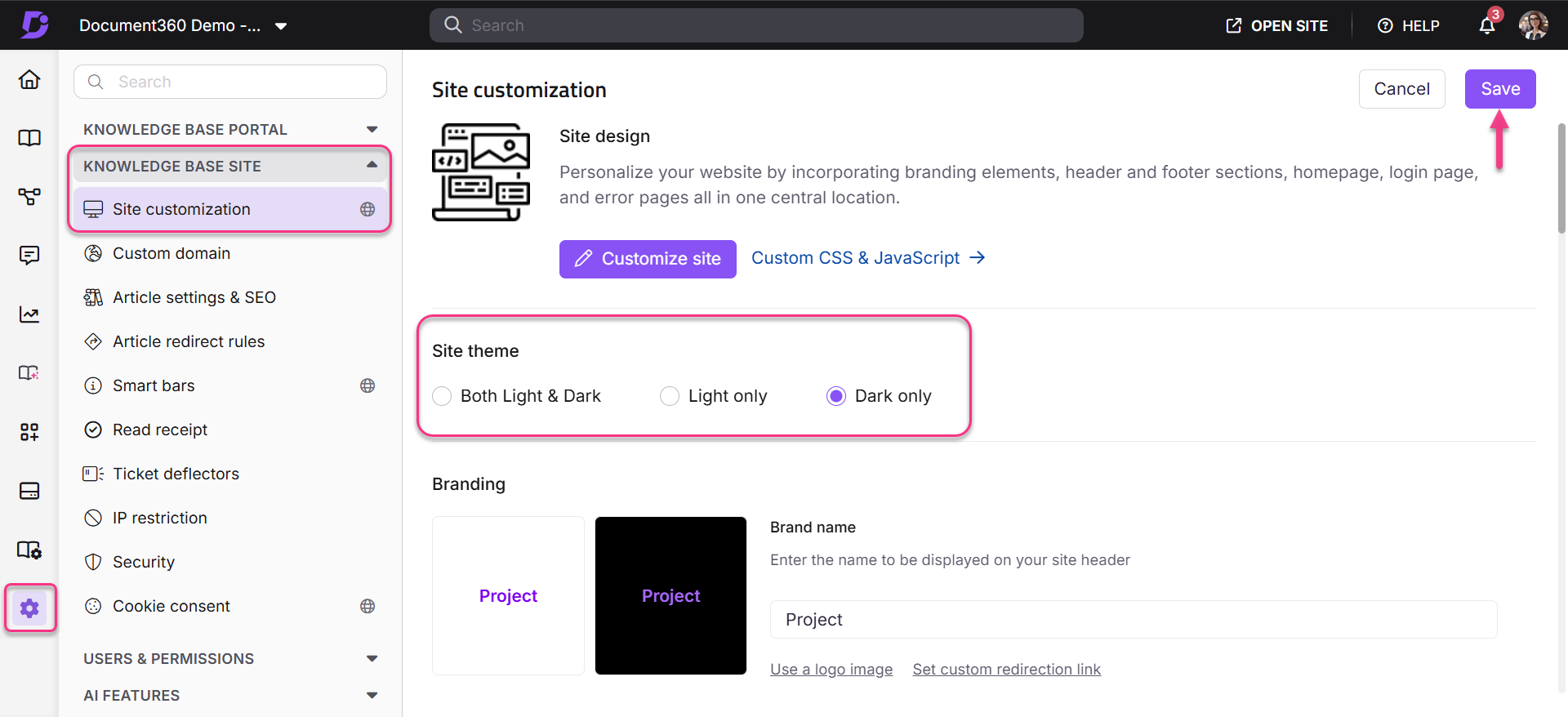 Site customization options for theme selection and branding in a knowledge base portal.