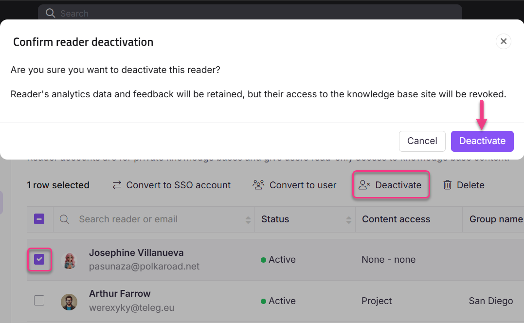 Confirmation dialog for deactivating a reader account with highlighted options.