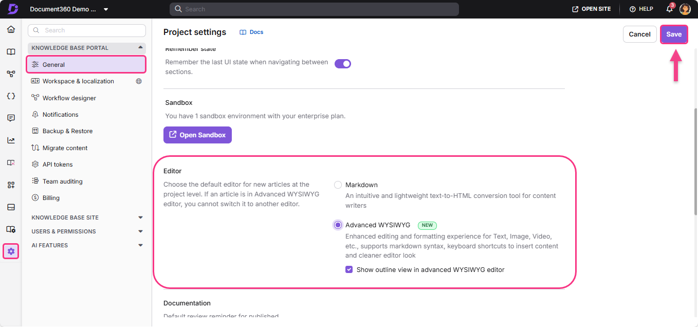 Project settings interface showing editor options and save button for configuration.