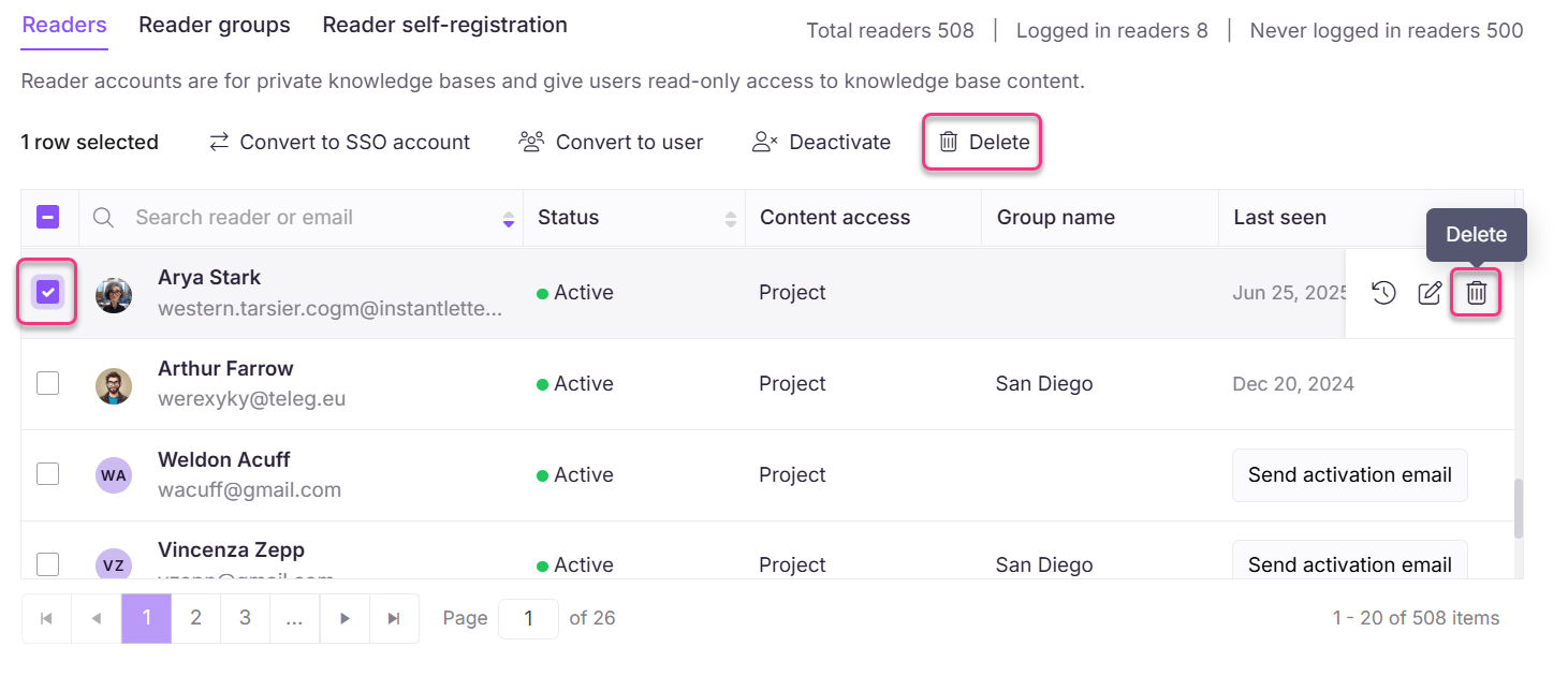 List of readers with options to delete or convert accounts displayed on a dashboard.