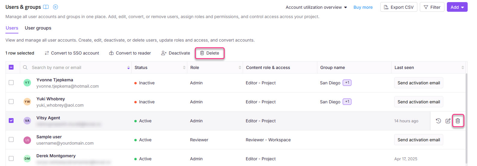 User management interface displaying active and inactive users with delete option highlighted.