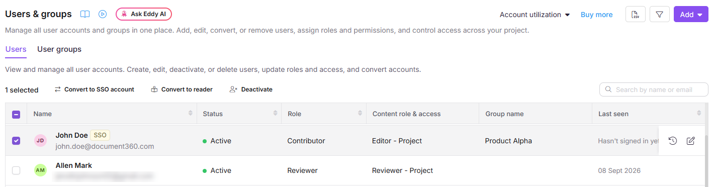 User management interface displaying user roles, statuses, and options for account actions.