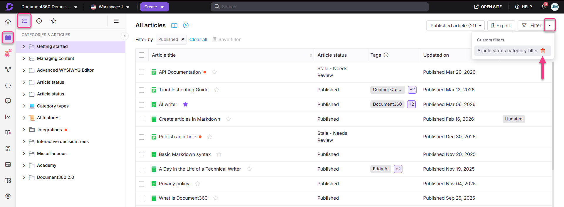 Document360 interface showing article categories, filters, and article statuses for management.