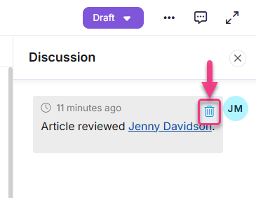Discussion section showing a recent article review with a delete option highlighted.