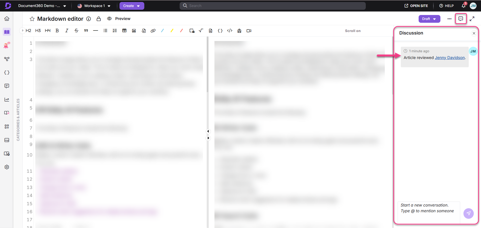 Discussion panel showing article review by Jenny Davidson in a document editor.